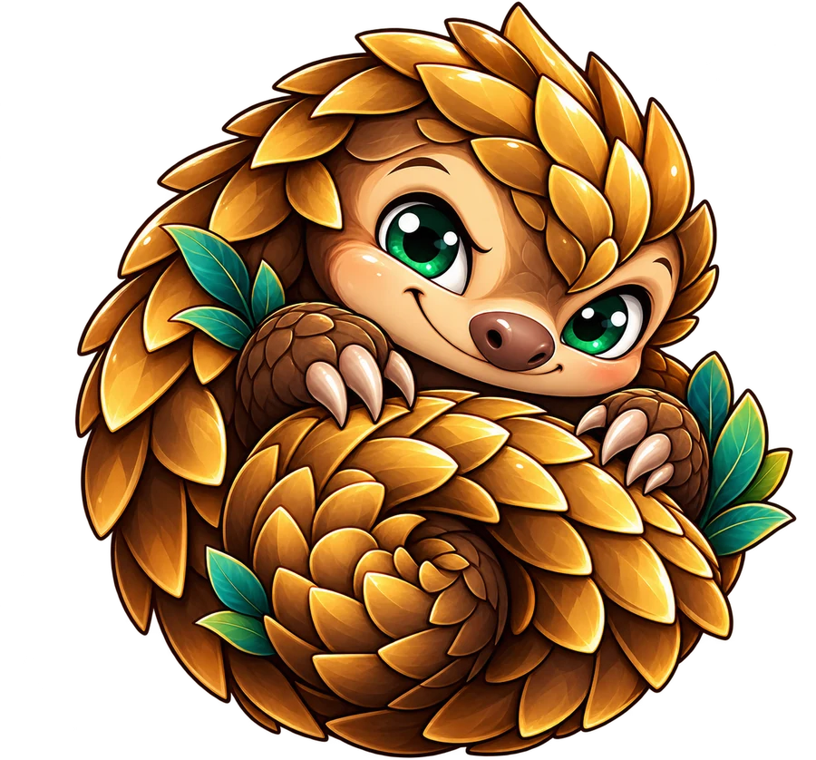 Rollo the pangolin curled up with a cheeky smile